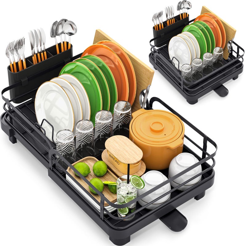 TOOLF Expandable Dish Rack Dish Drying Rack for Kitchen Counter Foldable Dish Dryer Rack Stainless Steel Dish Drainer Racks with Cutlery Holder Collapsible Dish Drying Racks Standard SizeBlack