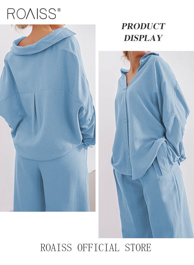 roaiss Ladies Comfortable Cotton Linen 2 Piece Suit for Daily Commute - Shirt and Wide Leg Pants Set with Simple Loose Fit Design for Leisure - Image 5