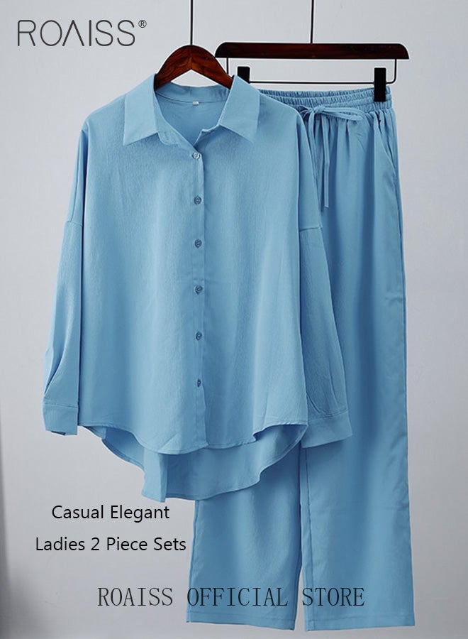roaiss Ladies Comfortable Cotton Linen 2 Piece Suit for Daily Commute - Shirt and Wide Leg Pants Set with Simple Loose Fit Design for Leisure - Image 2