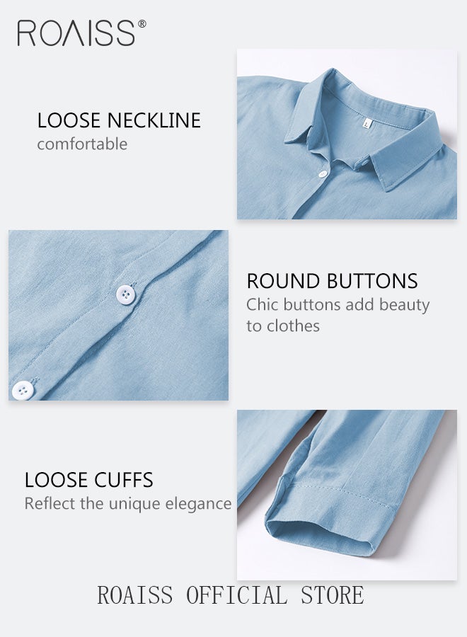 roaiss Ladies Comfortable Cotton Linen 2 Piece Suit for Daily Commute - Shirt and Wide Leg Pants Set with Simple Loose Fit Design for Leisure - Image 3