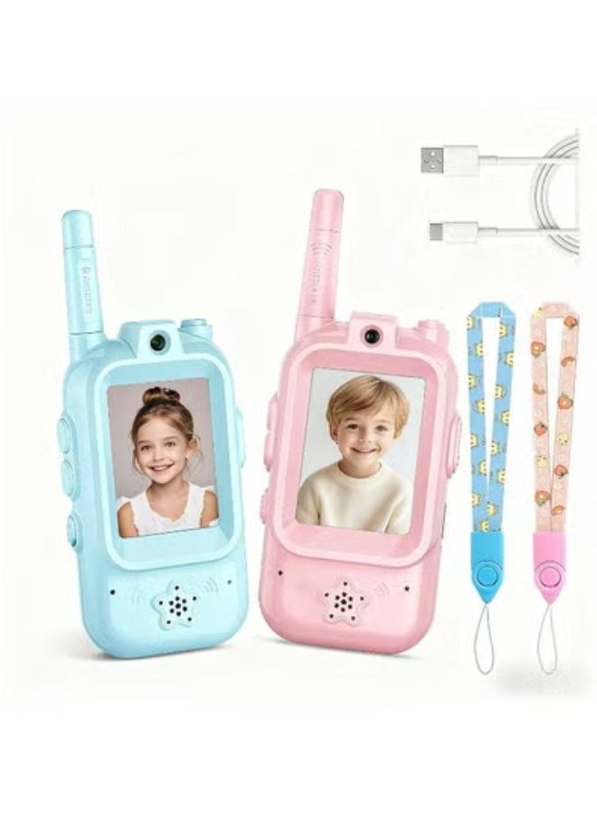 Children’s audio-play toys, Handheld 2 Pack Rechargeable Video Intercom Kids Walkies Talkies, Indoor Outdoor Toys for Family Games, Outside, Camping, Hiking for Boys Girls Ages 3-12 a Christmas gift (Blue/Pink) - Image 1
