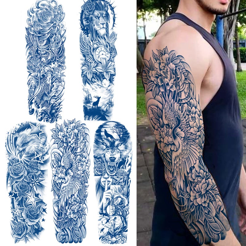 Aresvns 5 Sheets Semi Permanent Sleeve Tattoo for Men and women Realistic Temporary Tattoos Full Arm Waterproof  LongLasting 1 Week Christmas Gift