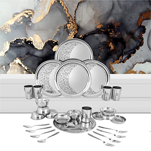 Shri & Sam Solid Stainless Steel Shagun Laser Bloom Dinner Set, 30 Pieces - Image 4
