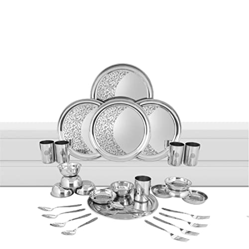 Shri & Sam Solid Stainless Steel Shagun Laser Bloom Dinner Set, 30 Pieces - Image 1