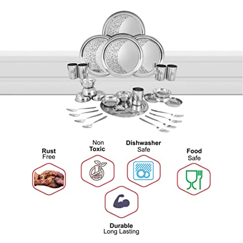 Shri & Sam Solid Stainless Steel Shagun Laser Bloom Dinner Set, 30 Pieces - Image 5
