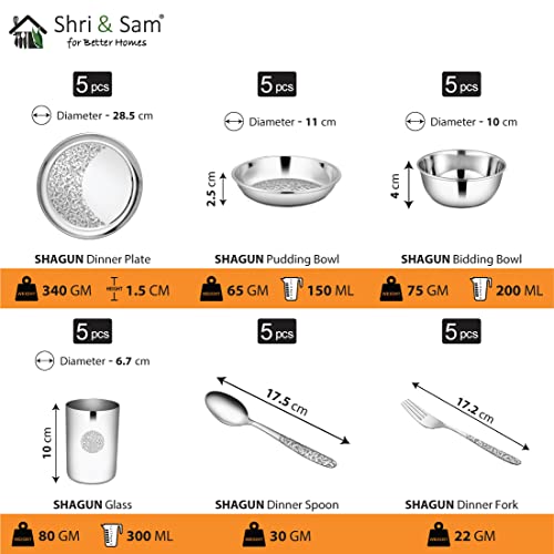Shri & Sam Solid Stainless Steel Shagun Laser Bloom Dinner Set, 30 Pieces - Image 3