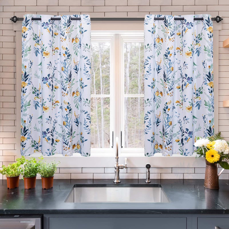 MYSKY HOME MYSKY HOME Kitchen Curtains 45 inch Length Floral Blackout Curtains Thermal Insulated Room Darkening Curtains Grommet Top 2 Panels for Bedroom Bathroom Dormer Window Yellow and Blue