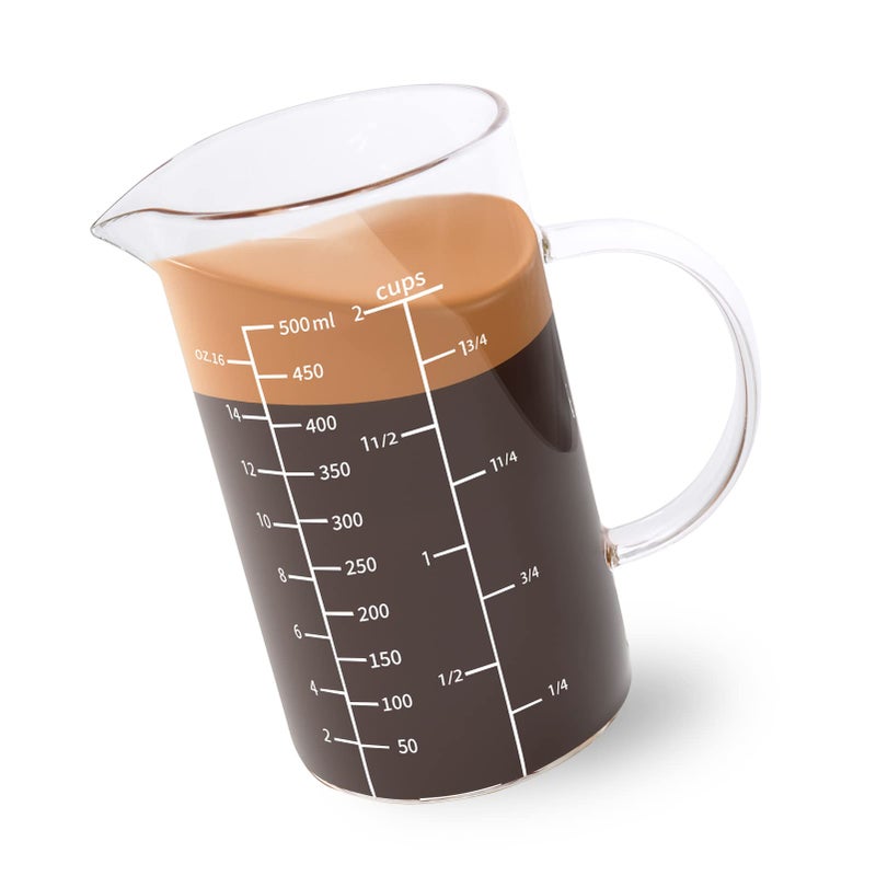 Newness Glass Measuring Cup with Handle 500 ML 05 Liter 2 Cup Measuring Cup with Three Scales OZ Cup MLCC and VShaped Spout Measuring Beaker for Kitchen or Restaurant Easy to Read