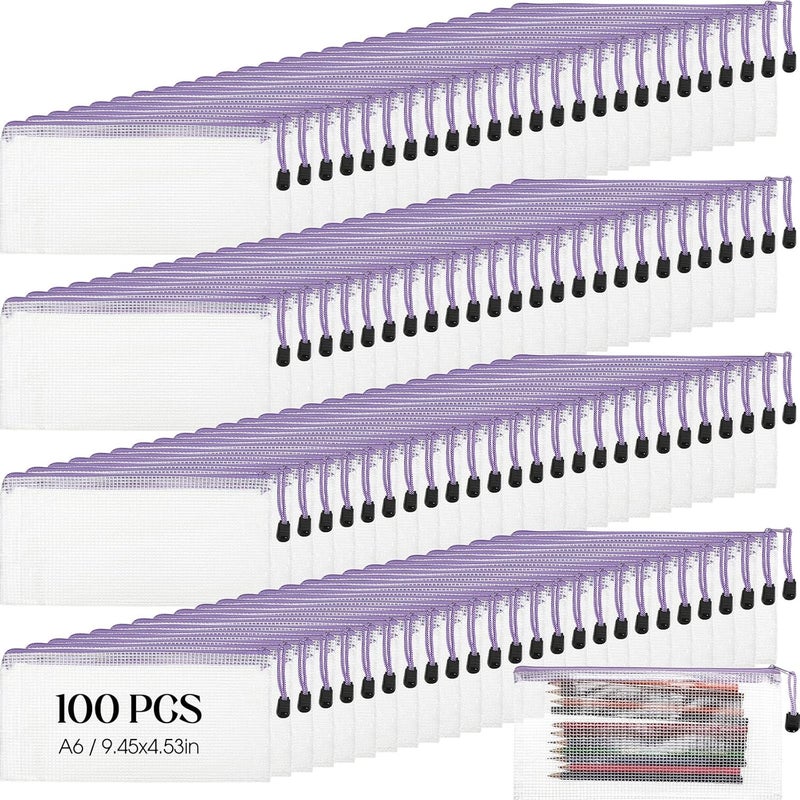 Handepo 100 Pack Mesh Zipper Pouch Pencil Pouches Bulk Clear File Bag Waterproof Document Pouches Multipurpose for Storage Office Travel Puzzle Game(A6/9.45x4.53in,White Pouch Purple Zipper) - Image 1