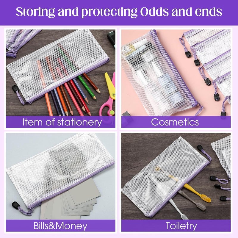 Handepo 100 Pack Mesh Zipper Pouch Pencil Pouches Bulk Clear File Bag Waterproof Document Pouches Multipurpose for Storage Office Travel Puzzle Game(A6/9.45x4.53in,White Pouch Purple Zipper) - Image 4