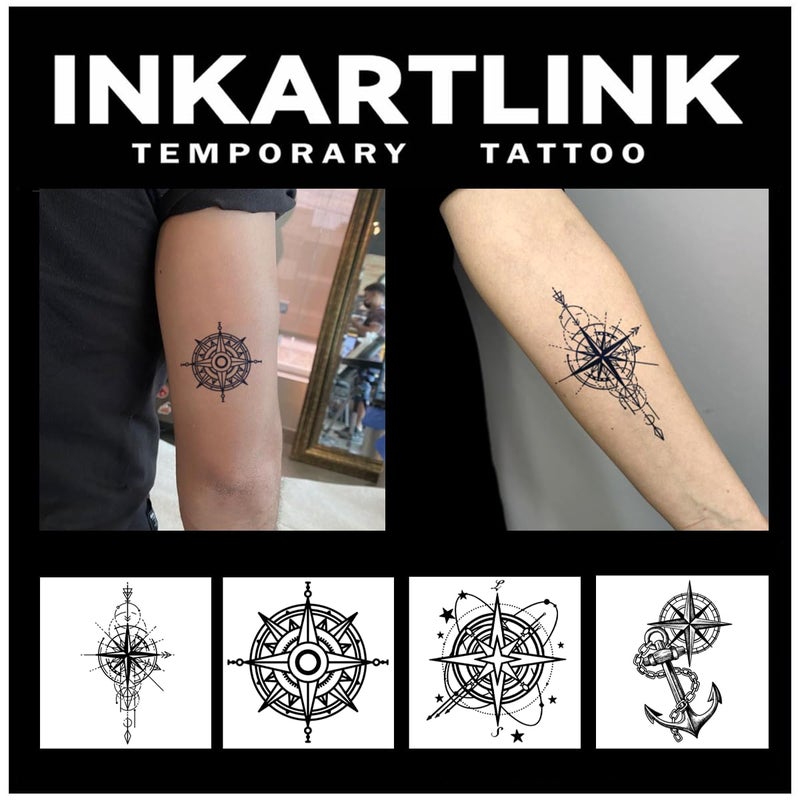 INKARTLINK Tattoo Tech 4 Sheets Semi Permanent Tattoo Adult Art Design Temporary Tattoos Lasts 12 Weeks Waterproof Realistic Look No Adhesive No Reflection Compass Design