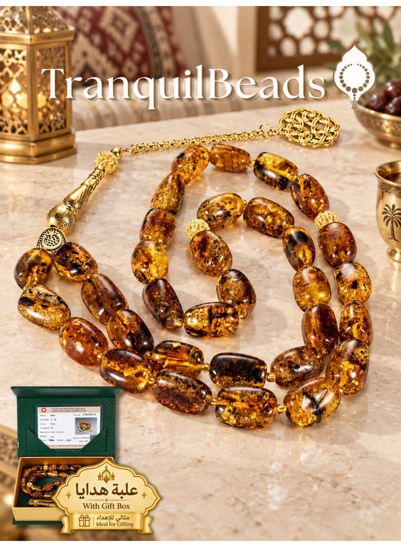 TranquilBeads Natural Baltic Flower Amber Tasbih with Certificate, 33-Bead Misbaha Prayer Beads with Golden Tassel and Gift Box for Men, Father or Husband, Ramadan, Eid and Birthday Gift - Image 1