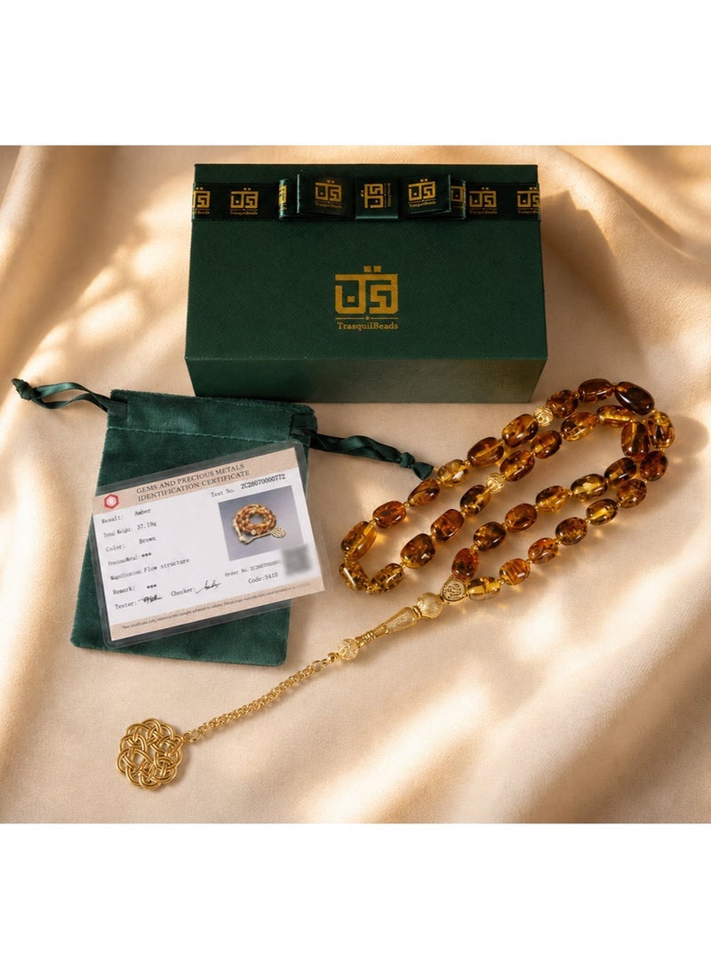 TranquilBeads Natural Baltic Flower Amber Tasbih with Certificate, 33-Bead Misbaha Prayer Beads with Golden Tassel and Gift Box for Men, Father or Husband, Ramadan, Eid and Birthday Gift - Image 2