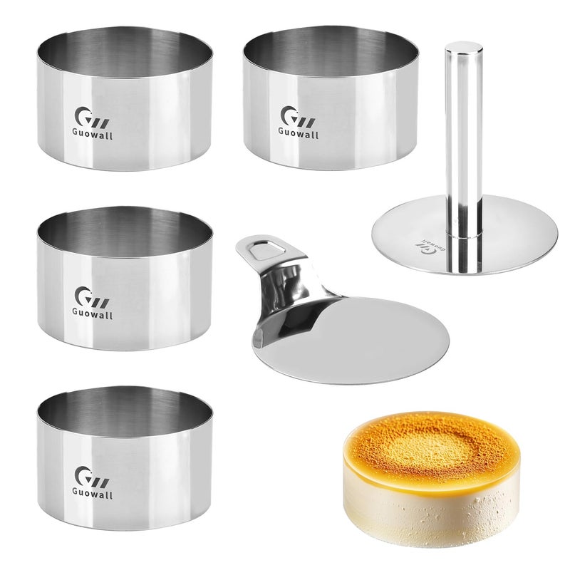 Guowall 4 pack Seamless Mousse Cake Ring set Stainless Steel 4 inch Round Food Mold Dessert Cutter for Baking (Includes 1 Lifter, 1 Pusher and 4 Rings) - Image 1