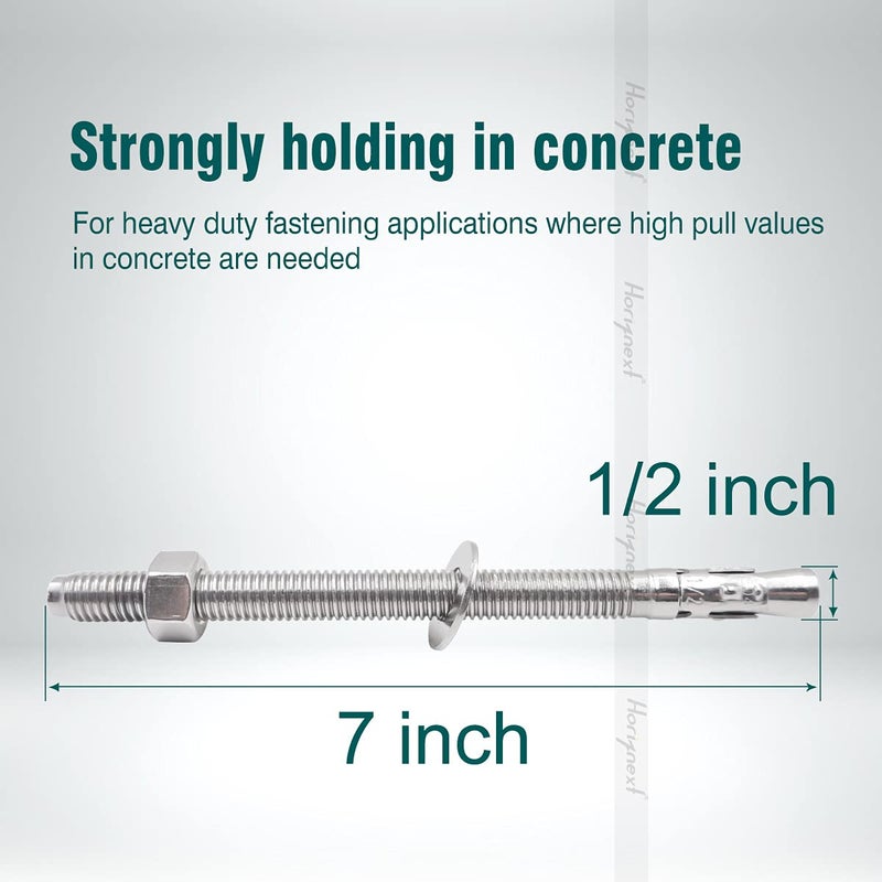Horiznext 1/2"x 7" inch Stainless Steel Standard Strong Wedge Anchor, Fasteners for Concrete (4 pcs) - Image 2