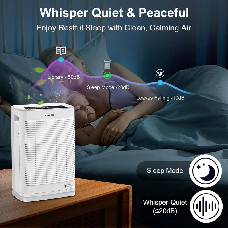 PINREK Air Purifier for Home Large Room and Office, Up to 120㎡, True HEPA Smart Air Filter with PM2.5 Intelligent Air Quality Sensor, Sleep Mode, Timer, Removes 99.97% Pollen, Allergy, Dust, Pet Hair - Image 5