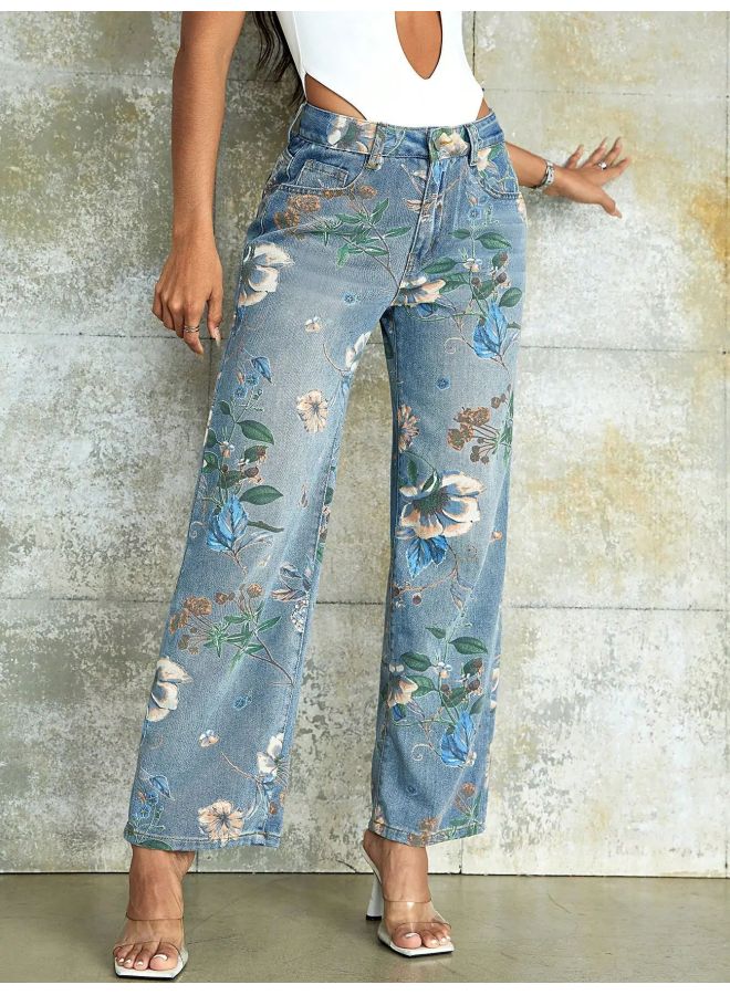 Jijun Cross-border Women's Printed Denim Spring And Autumn Straight Leg Pants Denim City Foreign Trade Fashion In Stock 