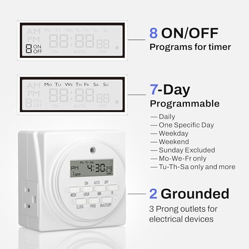 BN-LINK 7 Day Heavy Duty Digital Programmable Timer, 120V, 60Hz, Dual Outlet, Indoor, for Lamp Light Fan Security ETL Listed - Image 3