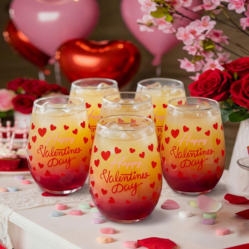 Maxcheck 6 Pcs Valentines Day Wine Glasses Red Heart Wine Glasses Galentines Stemless Glass Drinking Glass Valentines Party Gift for Present Holiday Party Event - Image 1