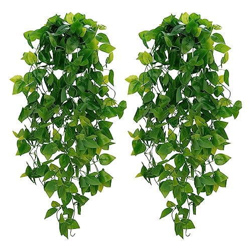 BLEUM CADE Fake Hanging Plants 2pcs Artificial Hanging Plant Faux Pothos Vines Hanging Plant Greenery for Wall Home Living Room Indoor Outdoor Decor No Baskets