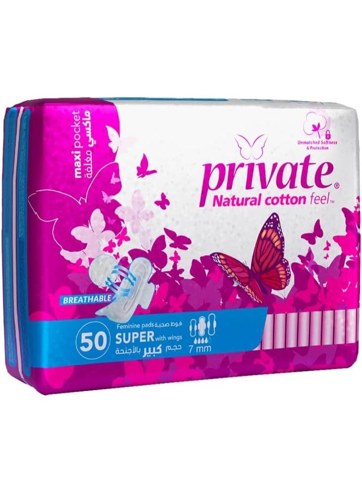 Private Feminine Pads Super With Wings, Maxi Pocket, Natural Cotton Feel, 50 Pads - Image 1