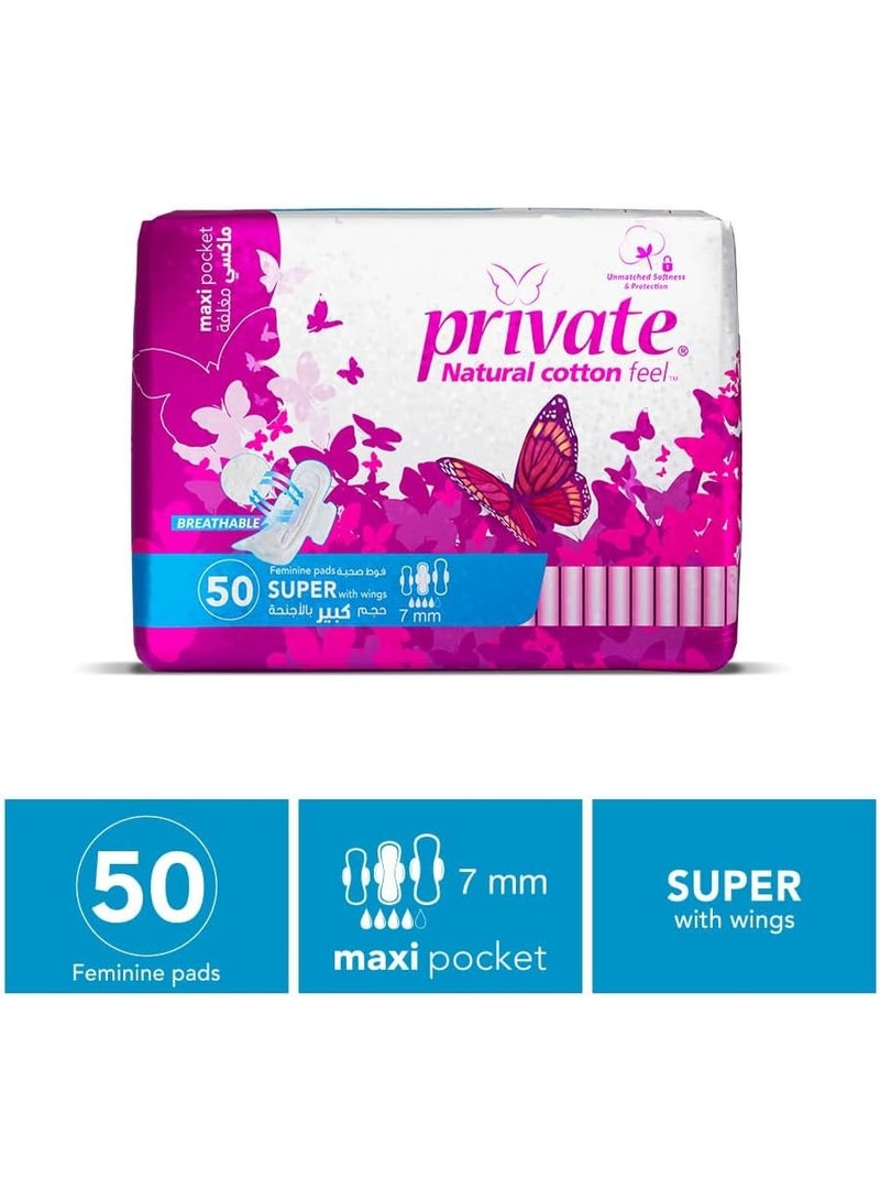 Private Feminine Pads Super With Wings, Maxi Pocket, Natural Cotton Feel, 50 Pads - Image 2