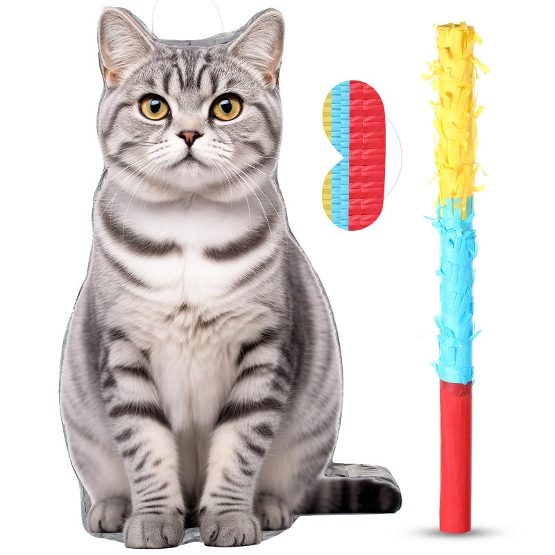 Sotiff Cat Piata Cat Party Piata Game Set Kitten Theme Piata Pet Birthday Decoration with Bat Stick Blindfold Mask for Kitten Theme Pet Birthday Party Piata Decoration SuppliesGray - Image 3