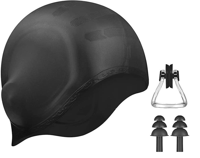 Spanker Unisex Swim Cap with 3D Ear Protection, Durable Flexible Silicone Swimming Hat for Short/Long Hair with Ear Plugs&Nose Clip, Black SSTP - Image 1