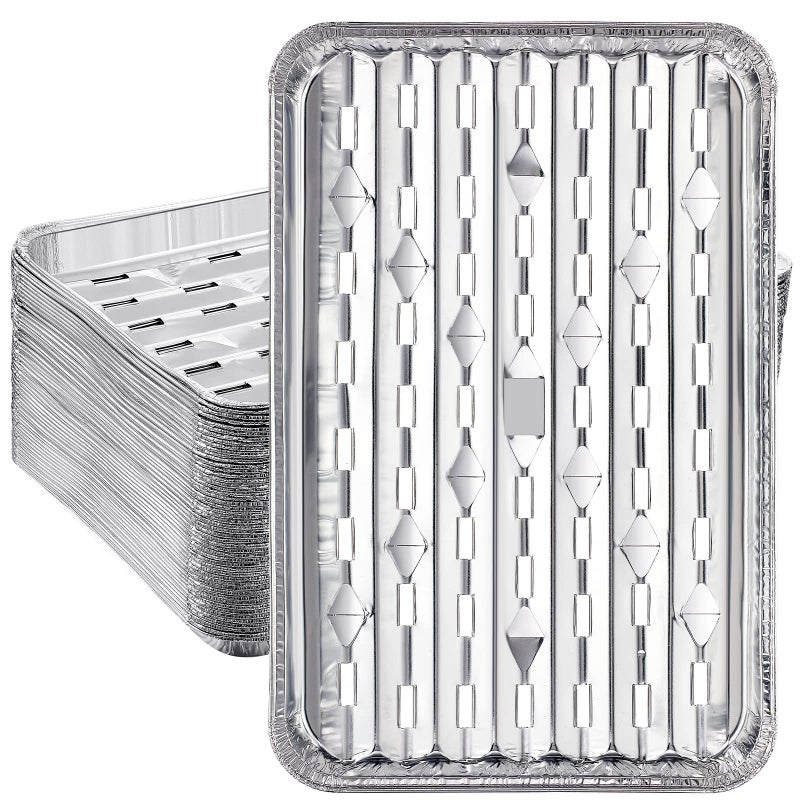 Seewey 50 Pack Aluminum Grill Pans 9x13 Inch Broiler Pans for Oven Disposable Aluminum Grill Liners with Holes with Ribbed Bottom Surface for BBQ Foil Drip Roast Trays