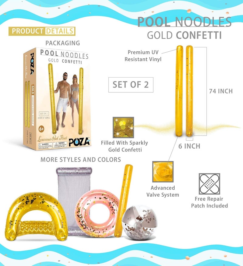 POZA 2 Pack Inflatable Jumbo Pool Noodles Floats - Premium Luxurious 74 Inch Giant Water Floating Noodles Filled with Sparkle Confetti, Pool Float for Swimming Pool, Beach & Lake - Image 2