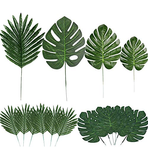 LOMIRO 60 Pieces 4 Kinds Artificial Palm Leaves with Faux Stems Tropical Plant Leaves Monstera Leaves Safari Leaves for Hawaiian Luau Party Jungle Beach Table Leave Decorations - Image 1