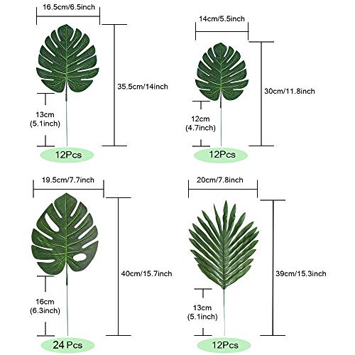 LOMIRO 60 Pieces 4 Kinds Artificial Palm Leaves with Faux Stems Tropical Plant Leaves Monstera Leaves Safari Leaves for Hawaiian Luau Party Jungle Beach Table Leave Decorations - Image 2