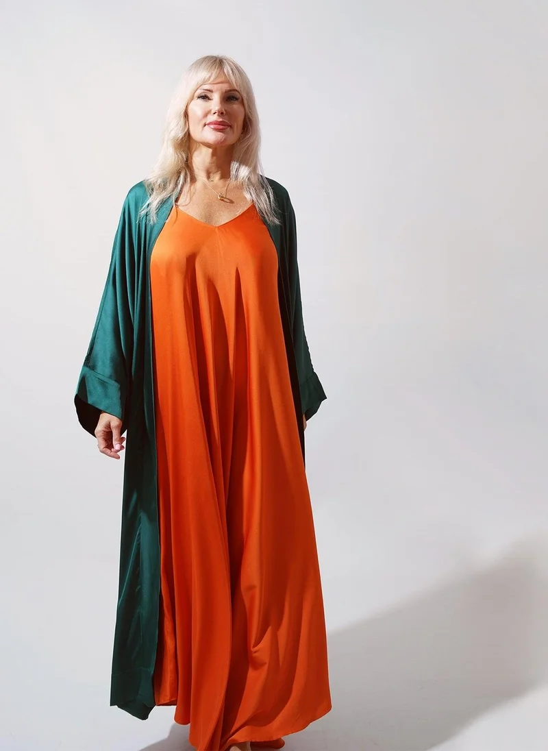 Janara Jones  Deep Green Satin Abaya Kaftan for Women | Best Price UAE