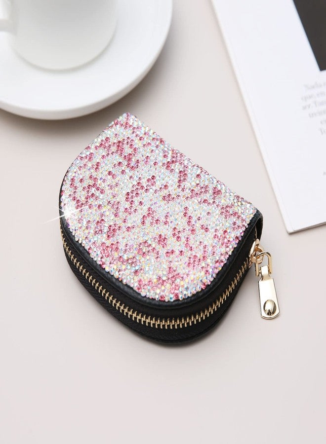 AsAlways Rhinestone Credit Card Holder for Women Semicircle RFID Blocking Wallet Slim Leather Zipper Card Case Wallet (Pink) - Image 4