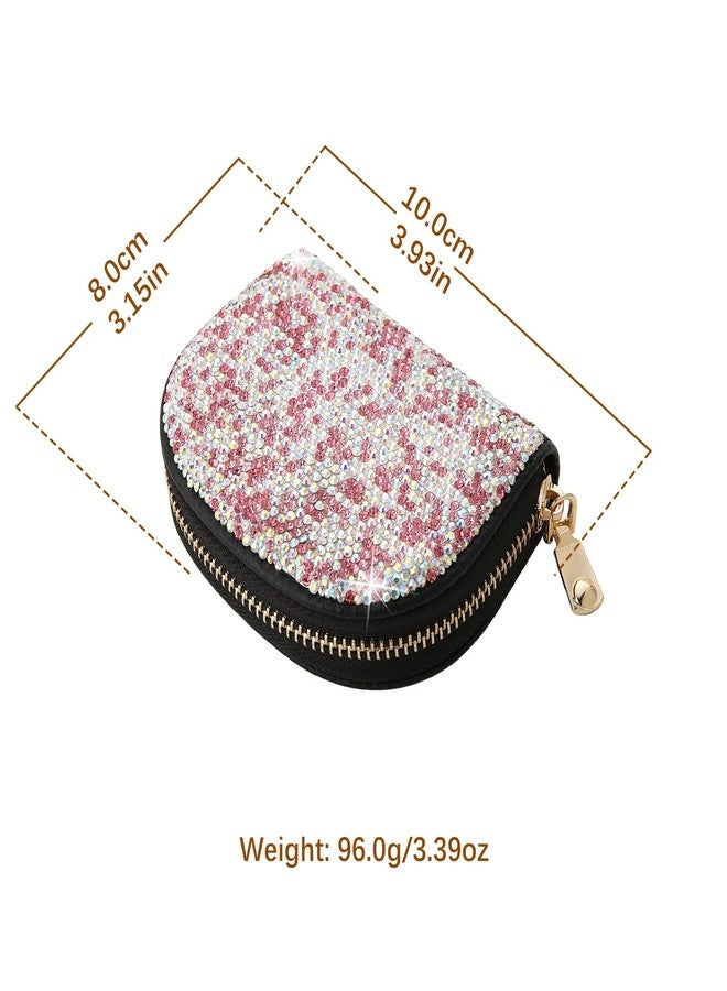 AsAlways Rhinestone Credit Card Holder for Women Semicircle RFID Blocking Wallet Slim Leather Zipper Card Case Wallet (Pink) - Image 2