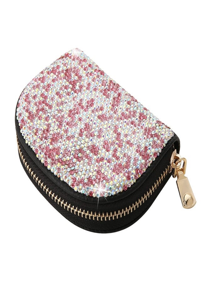 AsAlways Rhinestone Credit Card Holder for Women Semicircle RFID Blocking Wallet Slim Leather Zipper Card Case Wallet (Pink) - Image 1