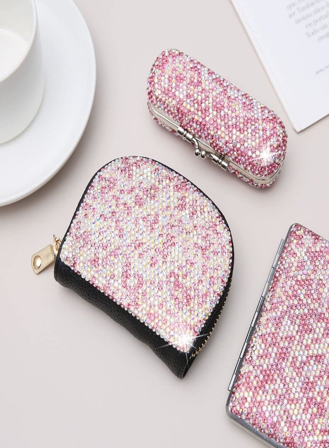 AsAlways Rhinestone Credit Card Holder for Women Semicircle RFID Blocking Wallet Slim Leather Zipper Card Case Wallet (Pink) - Image 5