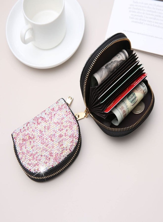 AsAlways Rhinestone Credit Card Holder for Women Semicircle RFID Blocking Wallet Slim Leather Zipper Card Case Wallet (Pink) - Image 3