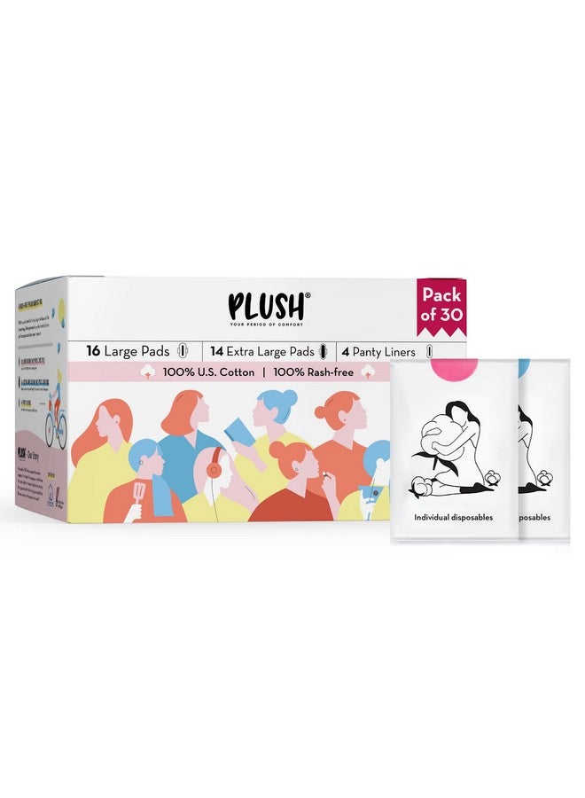 Plush Ultra-Thin Sanitary Pads For Women, 30 Cotton Sanitary Napkins | 14 Medium Flow Xl + 16 Light Flow L + 4 Panty Liners For Rash Free Periods | Pure U.S. Cotton Pads With Disposable Pouch - Image 1