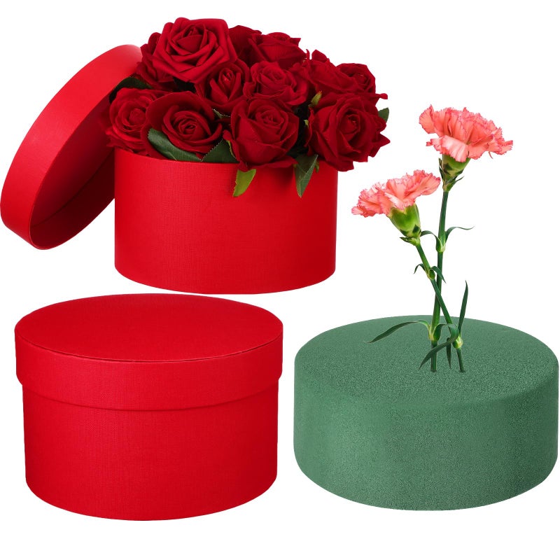 Nuenen Gift Boxes With Lids Floral Foam Set Round Boxes Flower Arrangements Supplies Round Floral Foam For Flowers For Mother'S Day Bridesmaid Wedding(Red) - Image 1