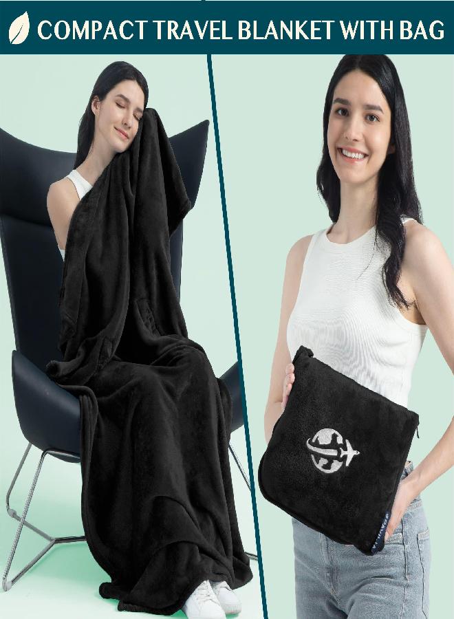 PAVILIA PAVILIA Travel Blanket and Pillow Set, Airplane Blanket Compact 2-in-1 Soft Bag, Travel Essentials for Adult Flight, Portable Throw with Arm Hole, Plane Car Traveling Gift Accessories, Black - Image 2