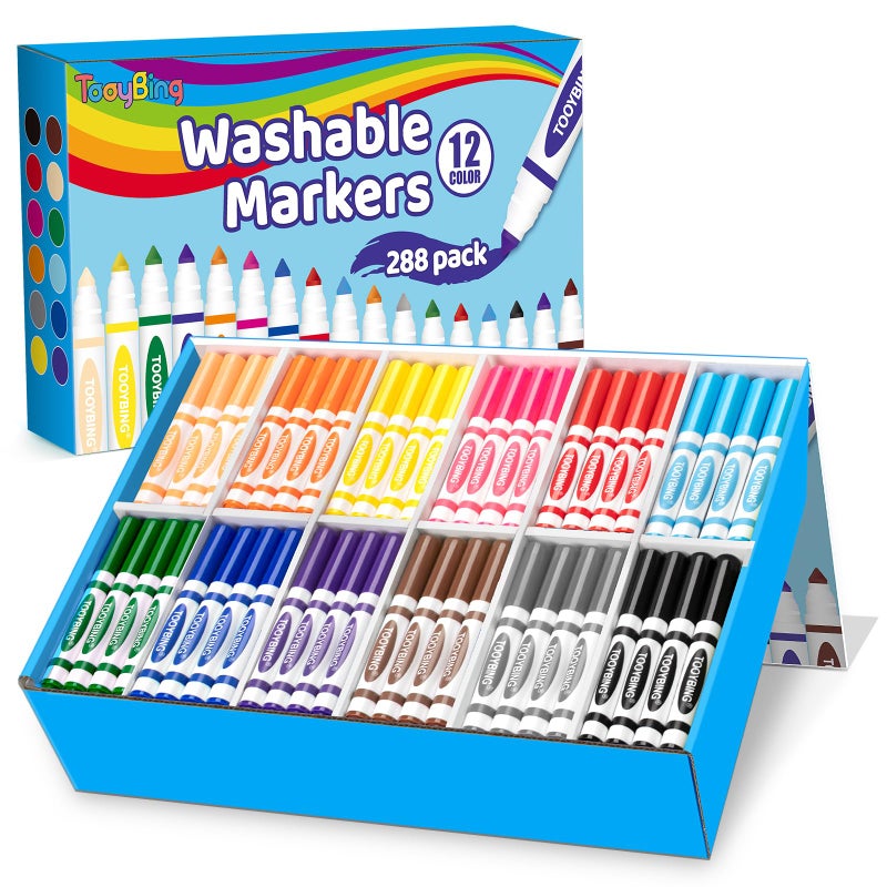 TooyBing Washable Markers Bulk 288 Count 12 Assorted Colors Washable Markers for Kids Classroom School Broad Tip Durable for Back to Classroom Art School Supplies Essentials - Image 2