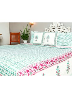 OJARIYA Super King Size White and Jade Handblock Printed Cotton Flat Sheet With Pillow Covers  - Image 4