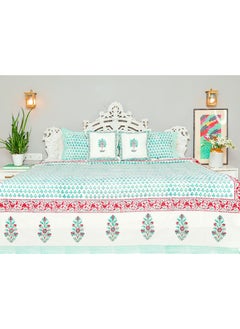 OJARIYA Super King Size White and Jade Handblock Printed Cotton Flat Sheet With Pillow Covers  - Image 2