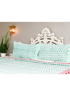 OJARIYA Super King Size White and Jade Handblock Printed Cotton Flat Sheet With Pillow Covers  - Image 1