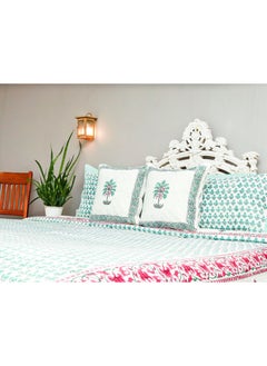 OJARIYA Super King Size White and Jade Handblock Printed Cotton Flat Sheet With Pillow Covers  - Image 3
