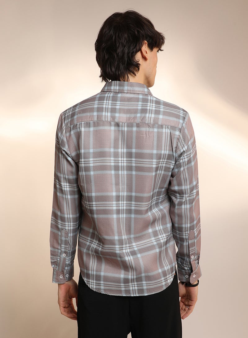 Campus Sutra Men's Nude Pink & Cloud Grey Tartan Plaid Shirt  - Image 3