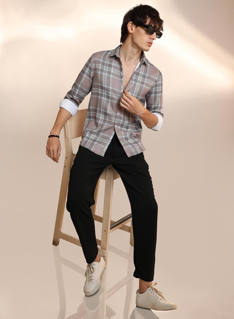 Campus Sutra Men's Nude Pink & Cloud Grey Tartan Plaid Shirt  - Image 5