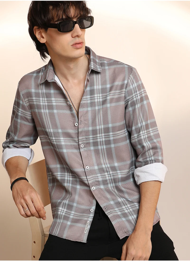 كامبوس سوترا Men's Nude Pink & Cloud Grey Tartan Plaid Shirt