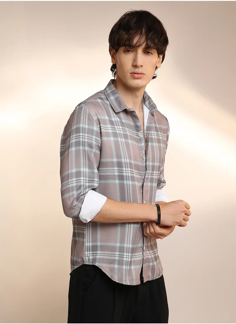 كامبوس سوترا Men's Nude Pink & Cloud Grey Tartan Plaid Shirt